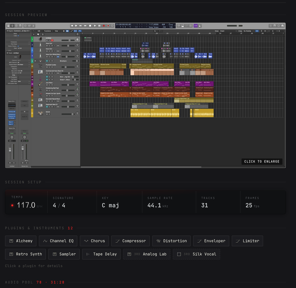 Session Inspector: anteprima della sessione, tempo, tonalita, sample rate, tracce e plug-in